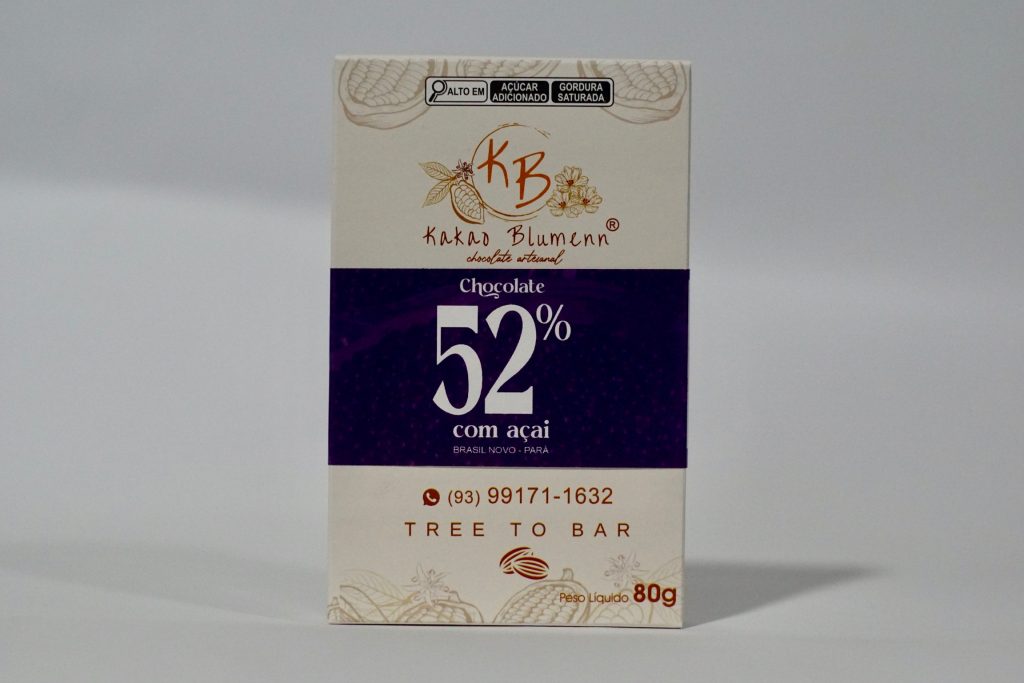 Chocolate 52% cacau com açaí Kakao Blumenn – barra artesanal